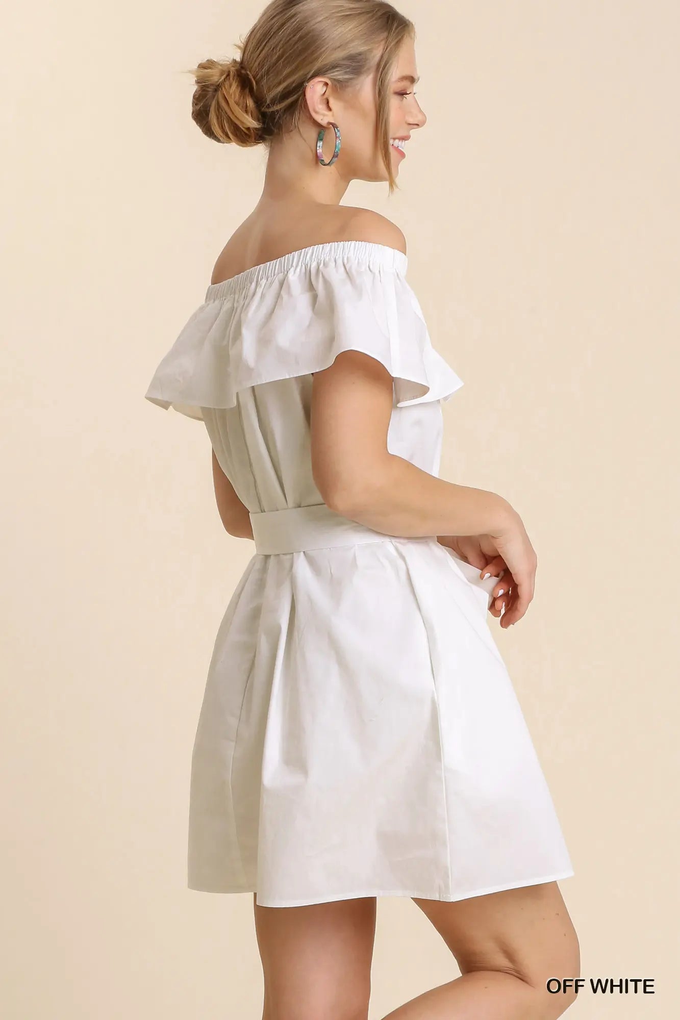 White Ruffle Off Shoulder Dress with Self Sash