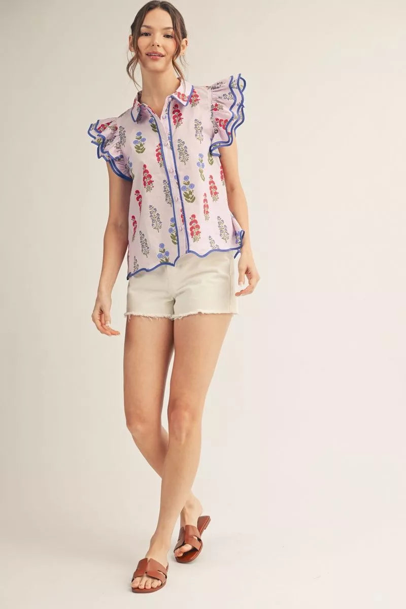 Floral Top w/ Double Cap Sleeves