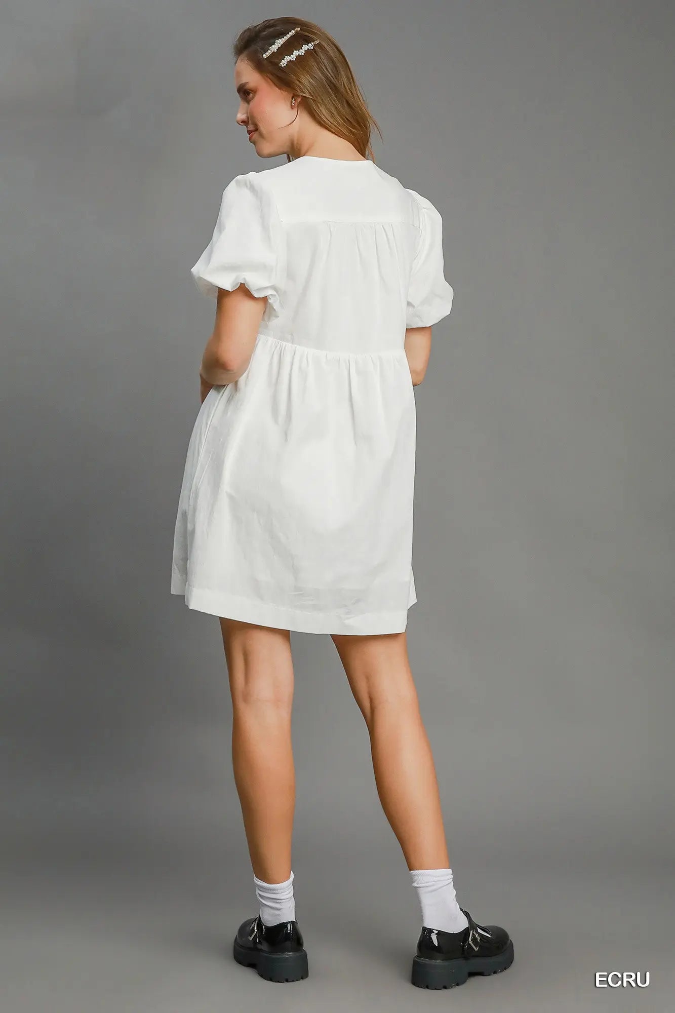 White Babydoll Peplum Dress w/ Balloon Sleeves