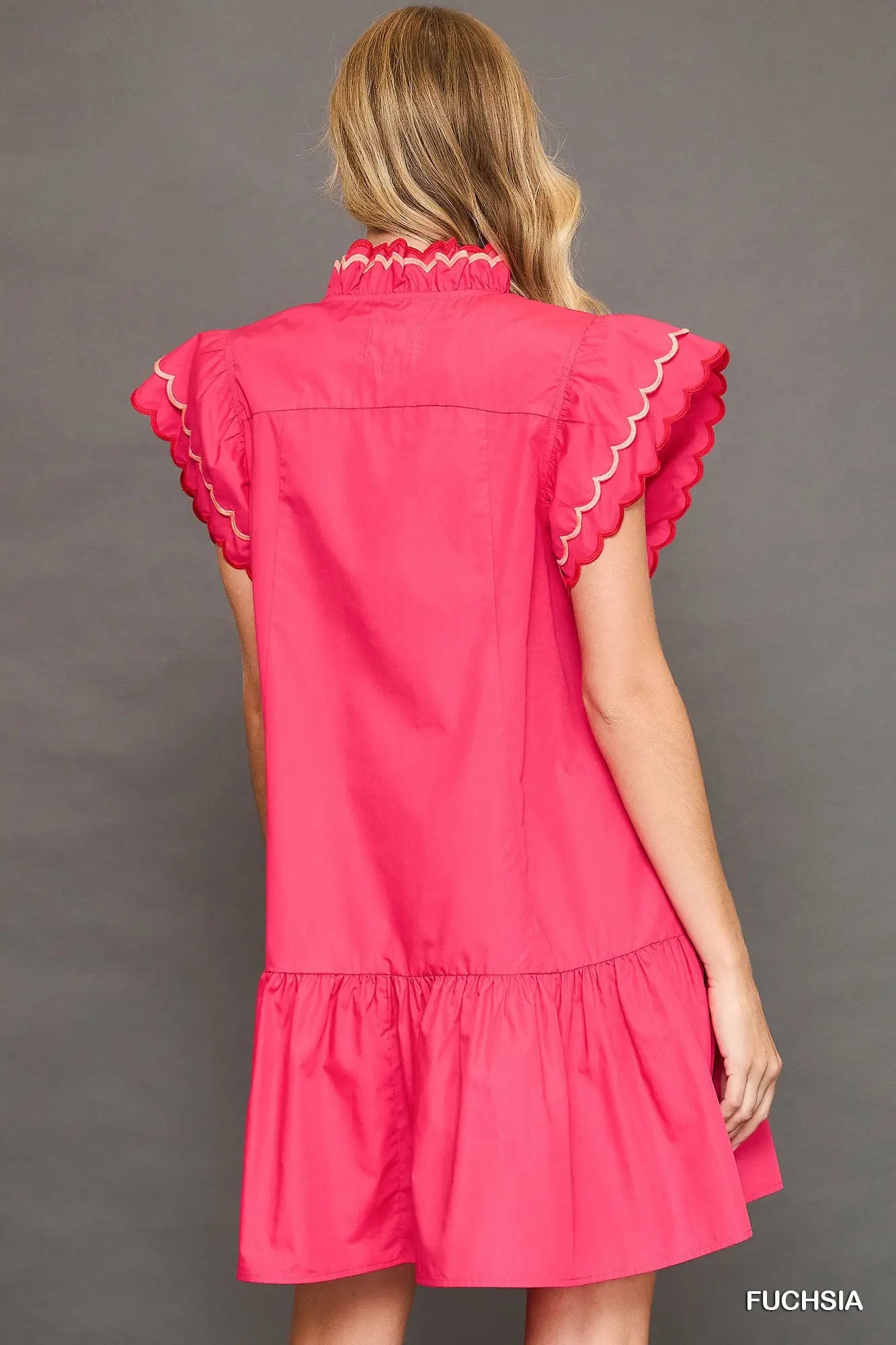 Red Scalloped Trim Ruffle Sleeve Dress