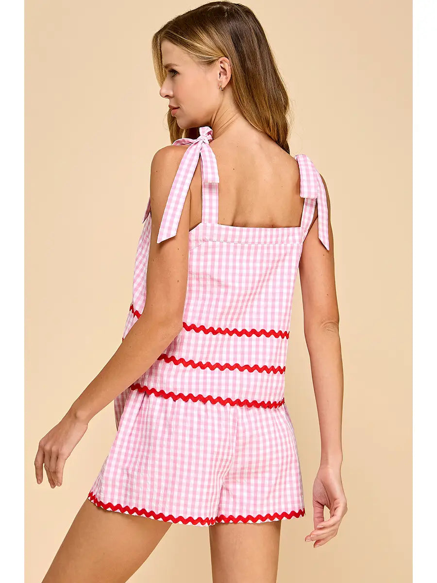 Gingham Contrast Ricrac Detail Top