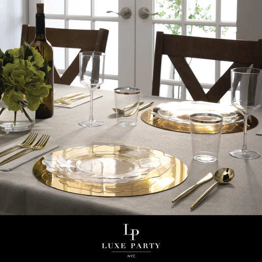 Scalloped Clear w/ Gold Plastic Dinner Plates
