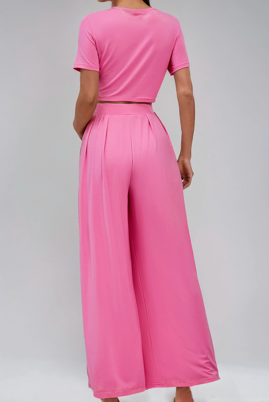 Slim Fit Crop Top and Pleated Wide Leg Pants Set - Pink