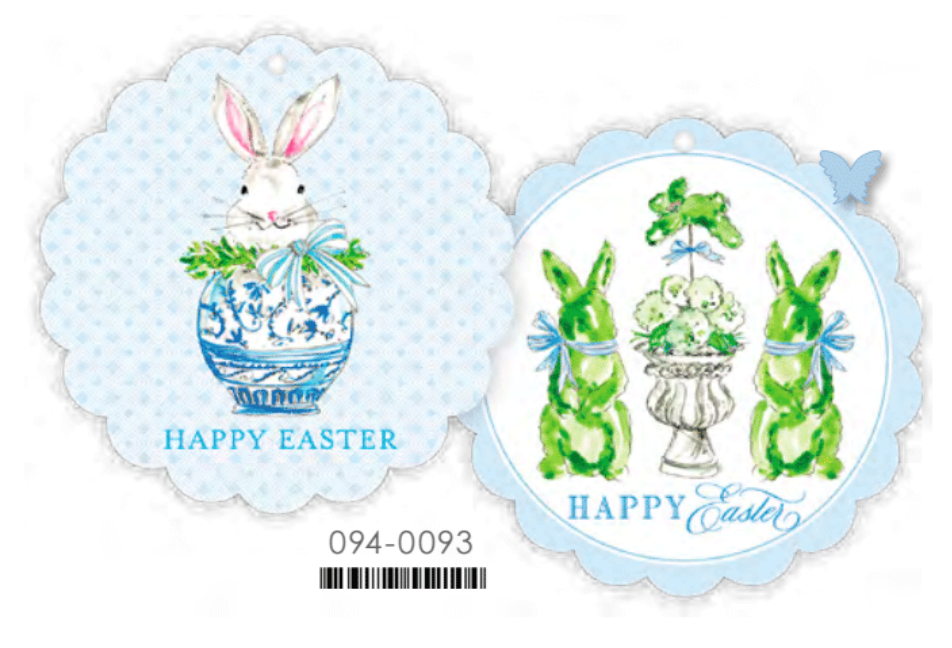 Happy Easter Bunny in Chinoiserie Pot Scalloped Gift Tags