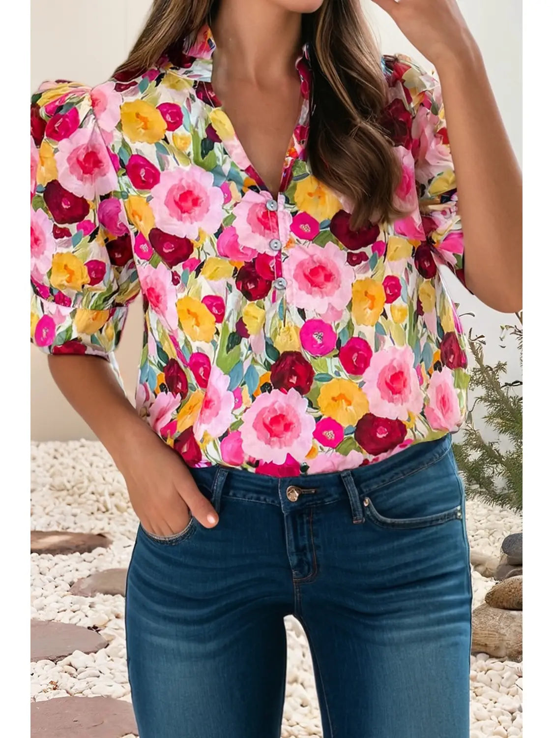 Spring Floral Frilled V Neck Puff Short Sleeve Blouse