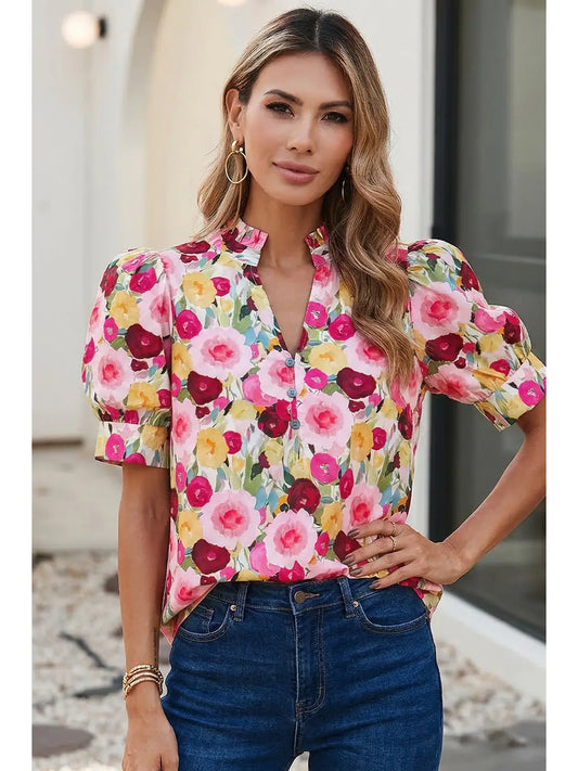 Spring Floral Frilled V Neck Puff Short Sleeve Blouse
