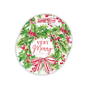 Very Merry Wreath with Striped Bow Round Coaster