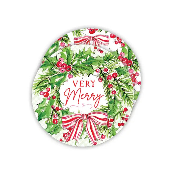 Very Merry Wreath with Striped Bow Round Coaster