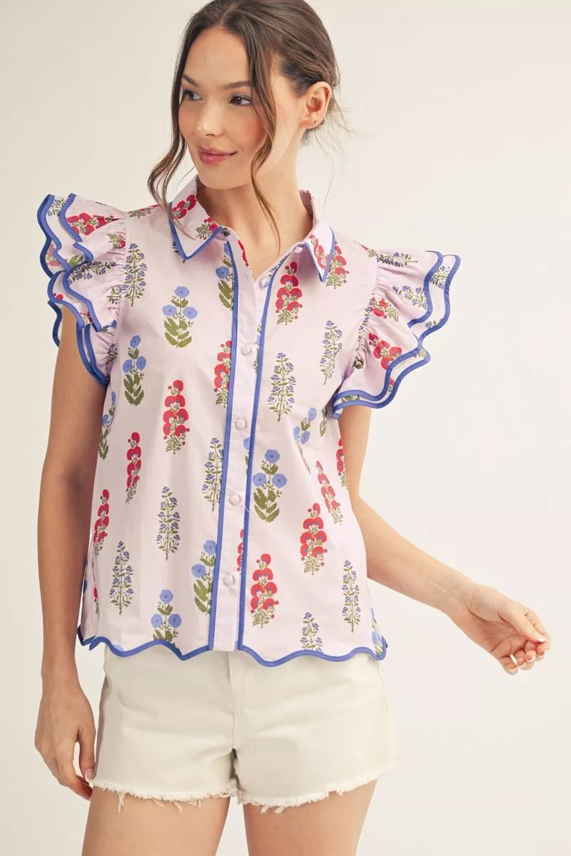 Floral Top w/ Double Cap Sleeves