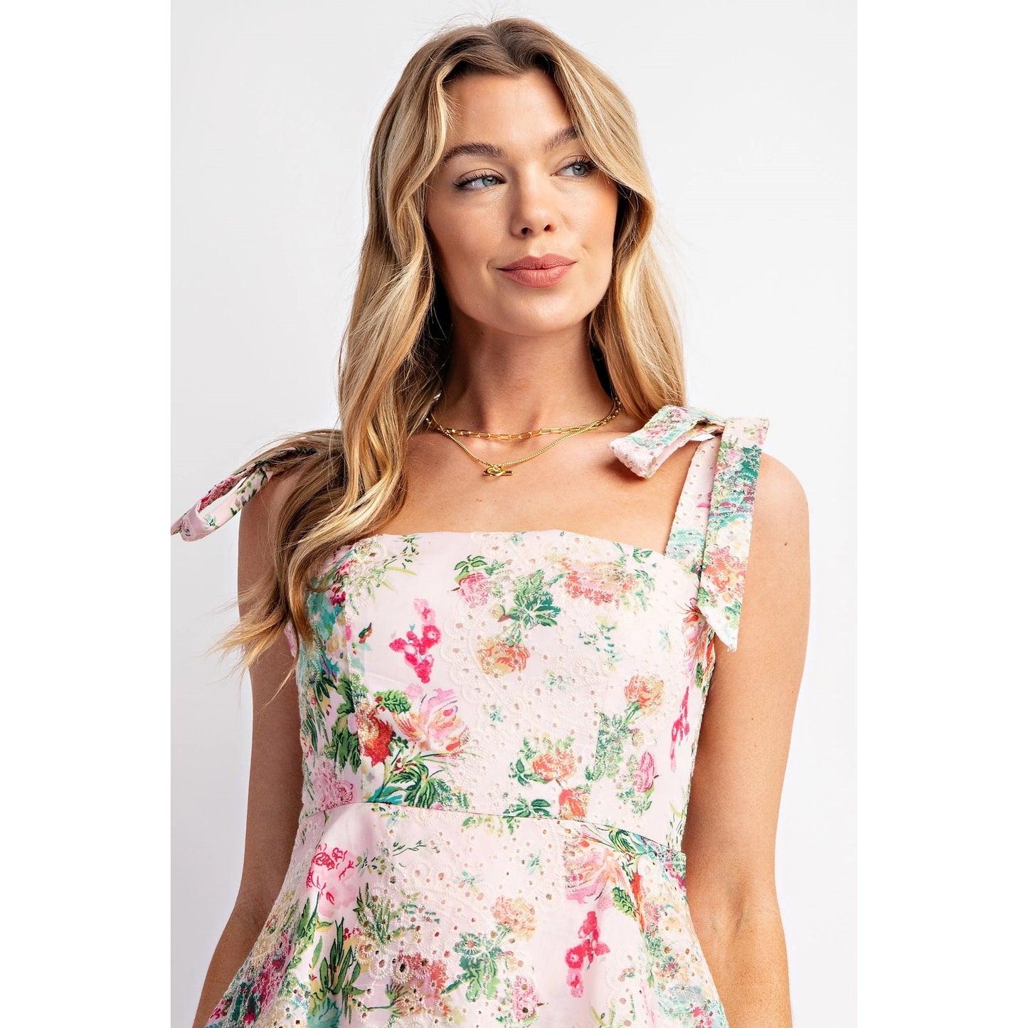 Lovely Print Eyelet Tiered Mini Dress