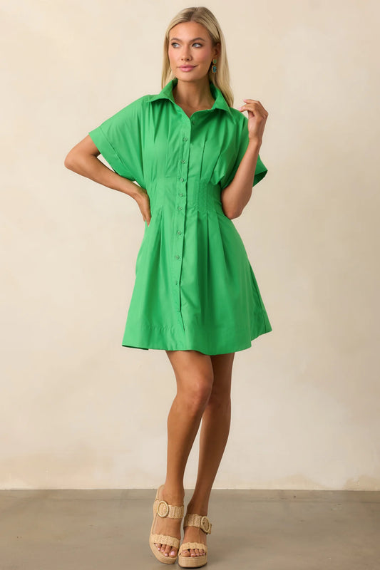 Kelly Green Pleated Short Sleeve Dress