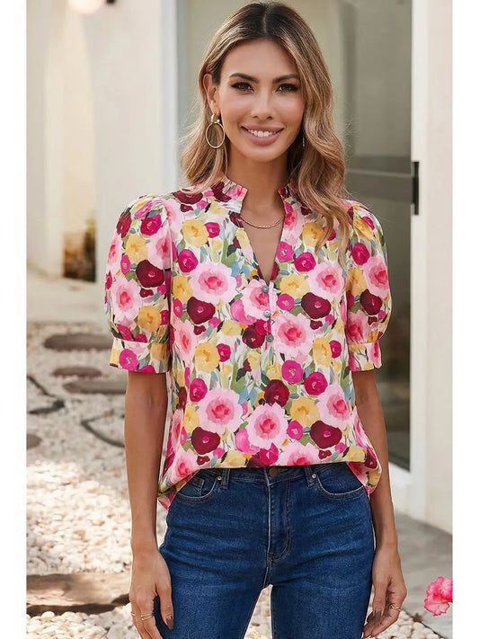 Spring Floral Frilled V Neck Puff Short Sleeve Blouse