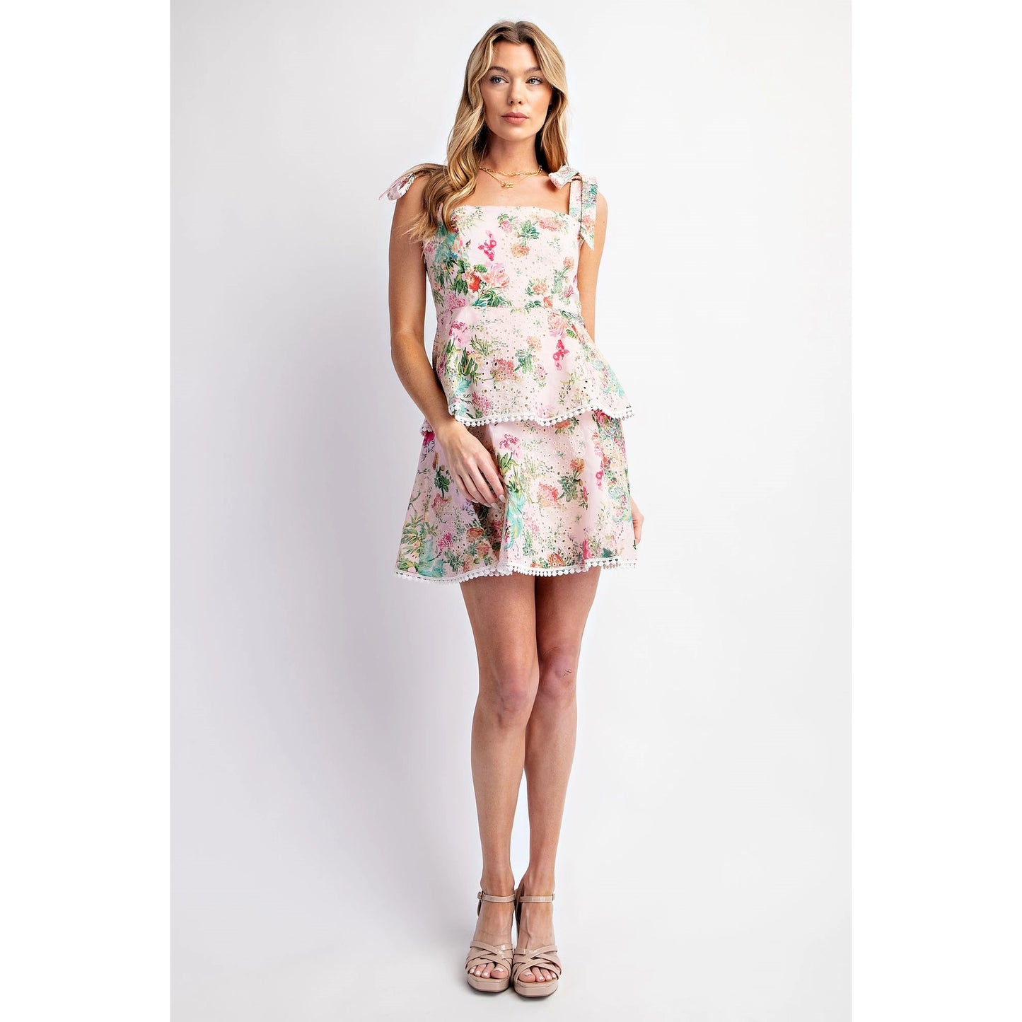 Lovely Print Eyelet Tiered Mini Dress