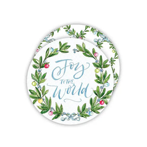 Joy to the World Wreath w/ Ornaments and blue Bow Round Coasters