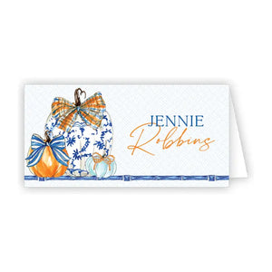 Blue Chinoiserie Pumpkin w/ Orange and Blue Plaid Bow Placecards