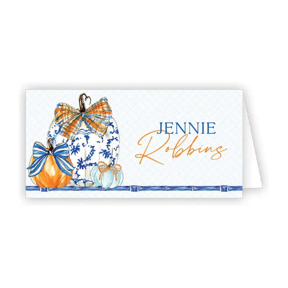 Blue Chinoiserie Pumpkin w/ Orange and Blue Plaid Bow Placecards