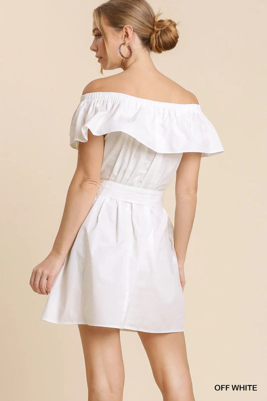 White Ruffle Off Shoulder Dress with Self Sash