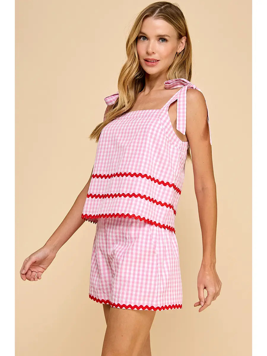 Gingham Contrast Ricrac Detail Top