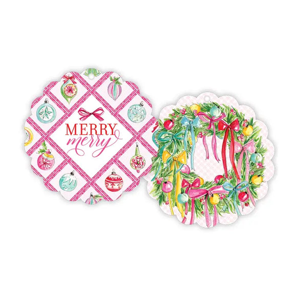 Merry Hot Pink Bamboo Vintage Ornaments Scalloped Gift Tags