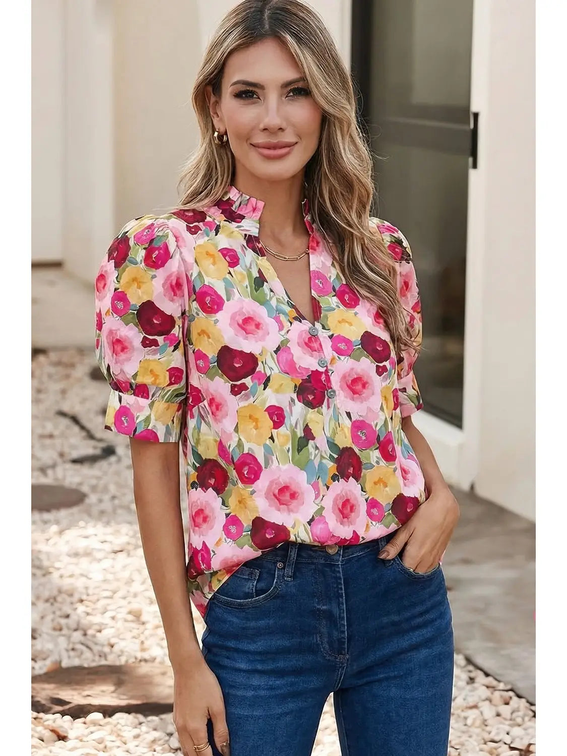 Spring Floral Frilled V Neck Puff Short Sleeve Blouse