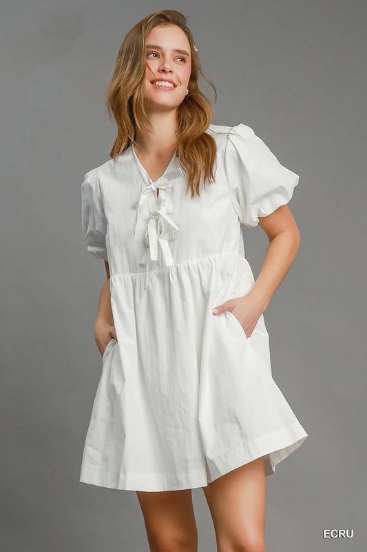 White Babydoll Peplum Dress w/ Balloon Sleeves