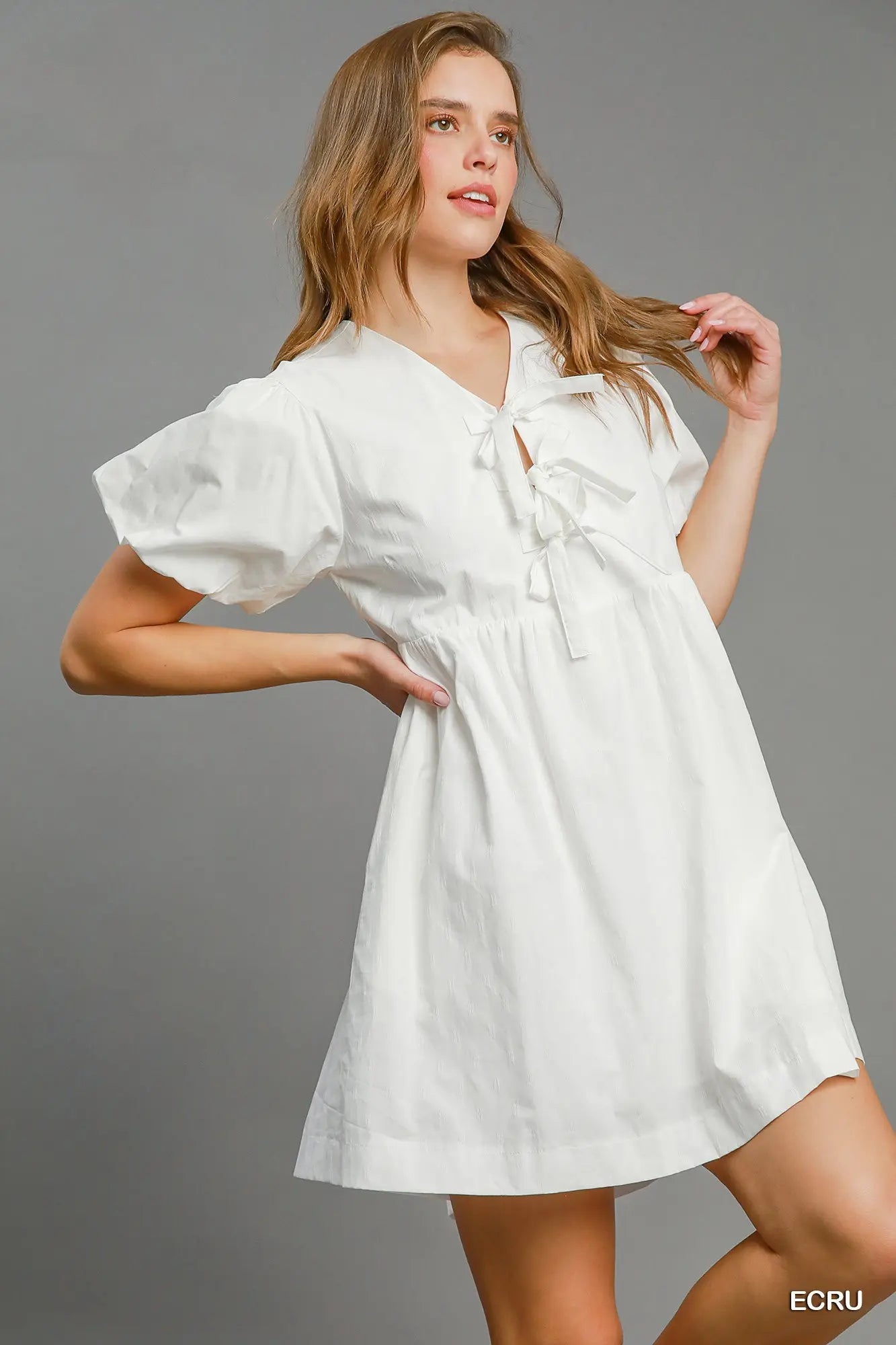 White Babydoll Peplum Dress w/ Balloon Sleeves