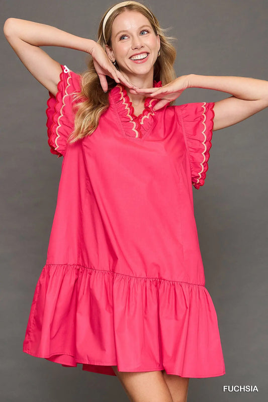Red Scalloped Trim Ruffle Sleeve Dress