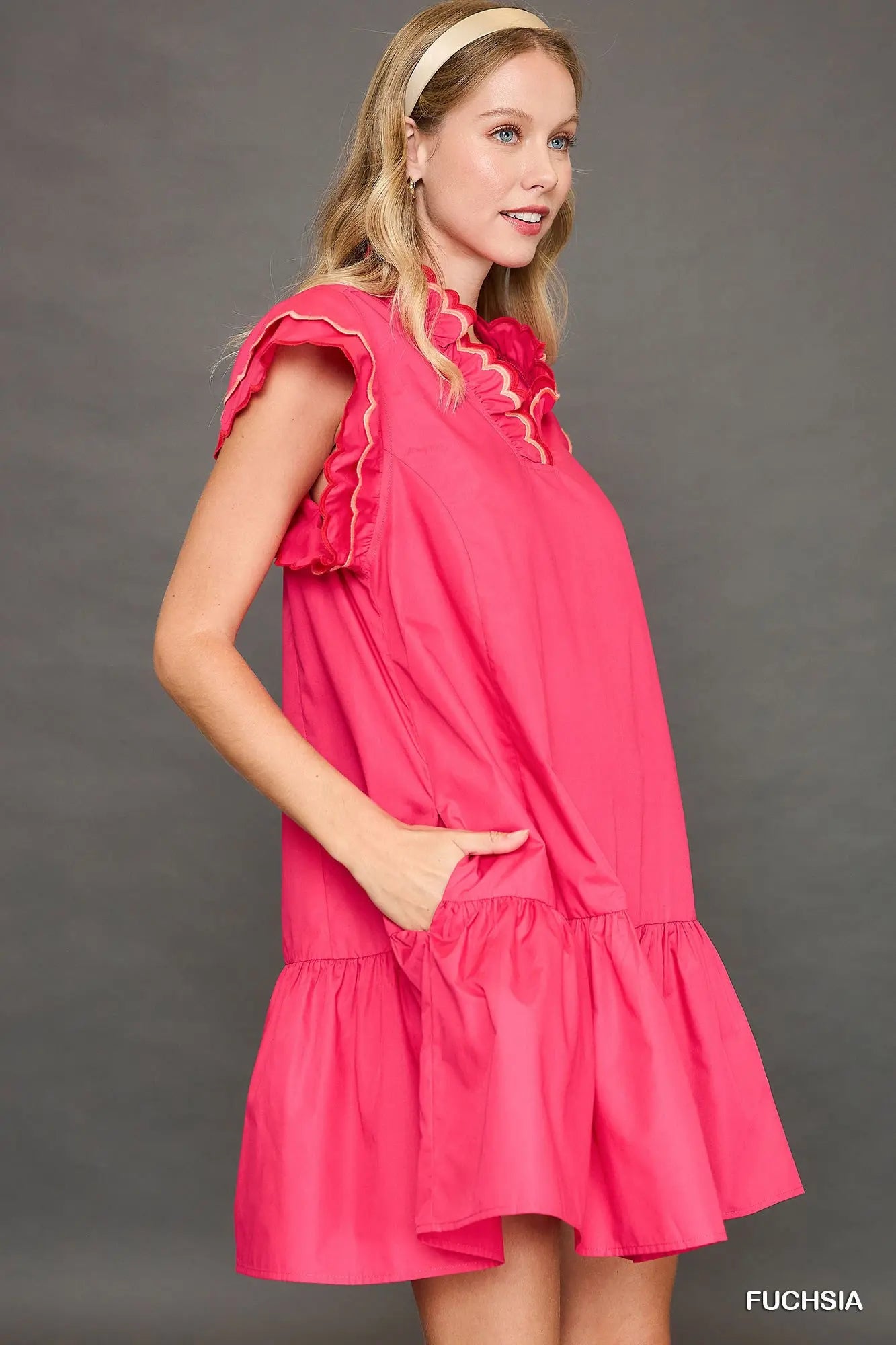 Red Scalloped Trim Ruffle Sleeve Dress