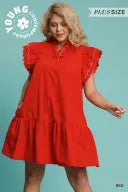 Red Ruffled Scalloped Sleeved Dress - Plus Size