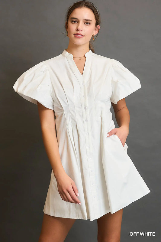White Pleated Short Sleeve Dress