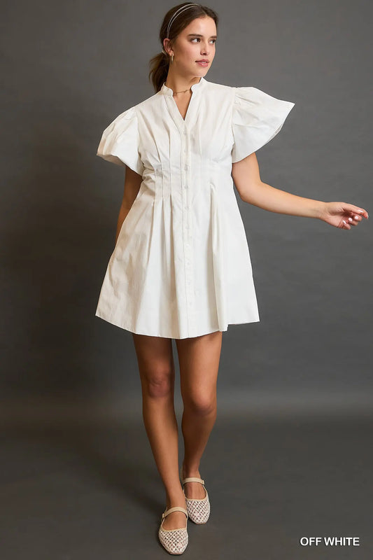 White Pleated Short Sleeve Dress