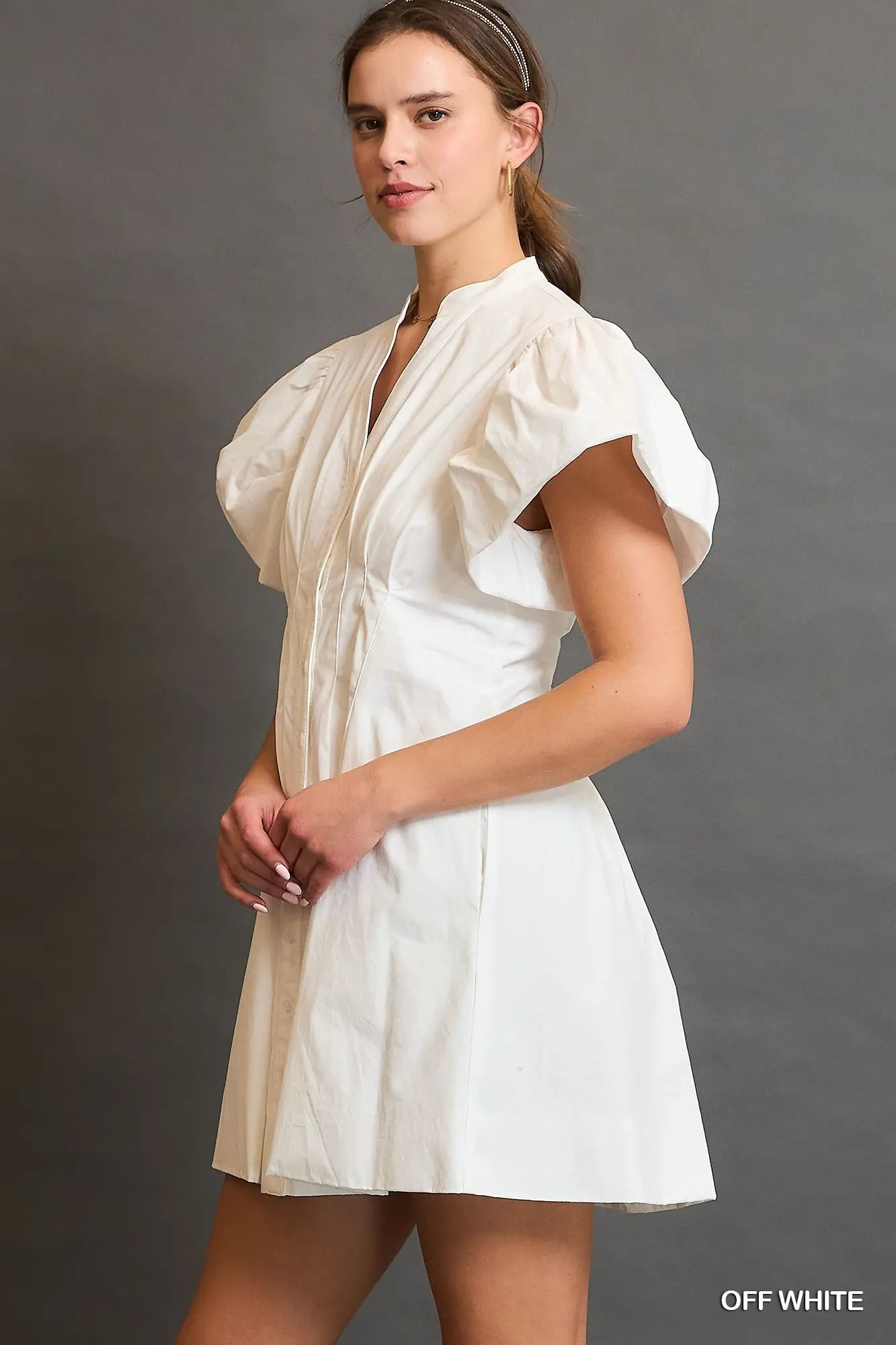White Pleated Short Sleeve Dress