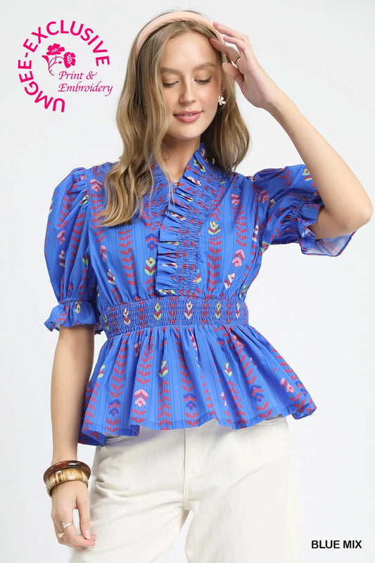 Smocked Waist Printed Blouse