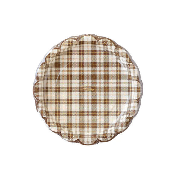 Harvest Scalloped Brown Plaid Dinner Plates