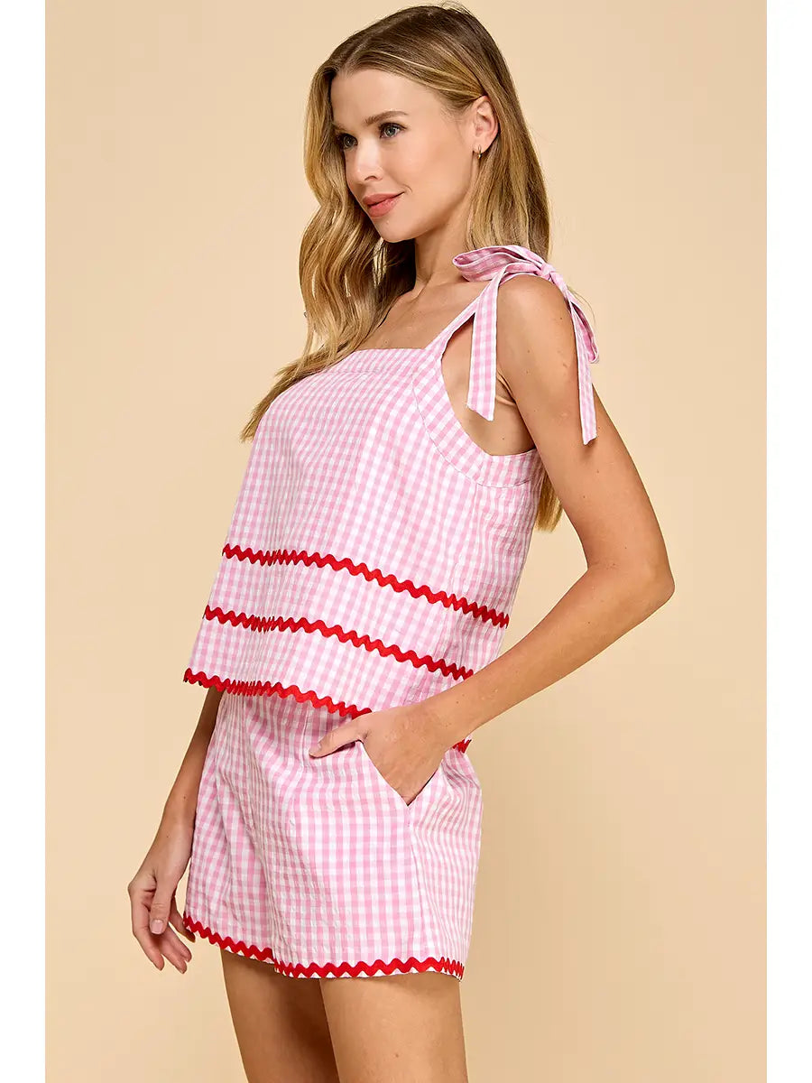 Gingham Contrast Ricrac Detail Top