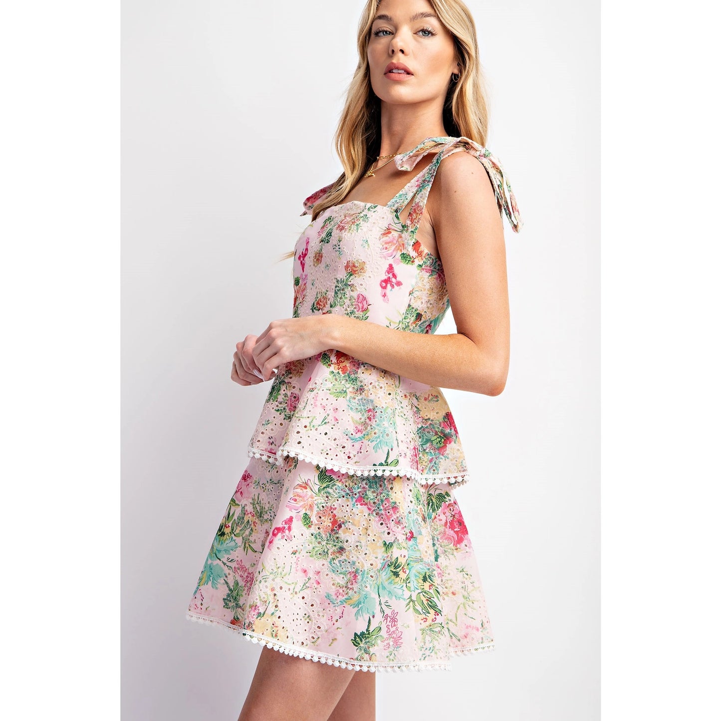 Lovely Print Eyelet Tiered Mini Dress