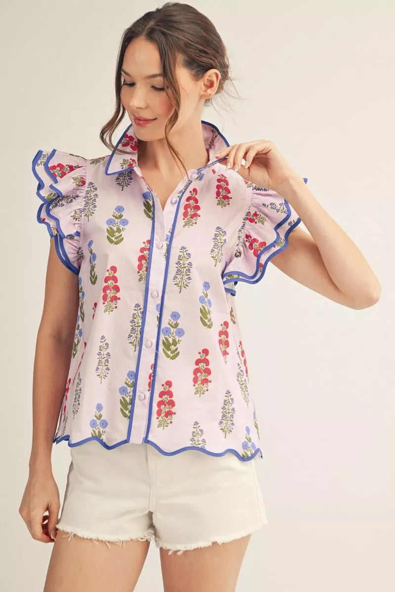 Floral Top w/ Double Cap Sleeves