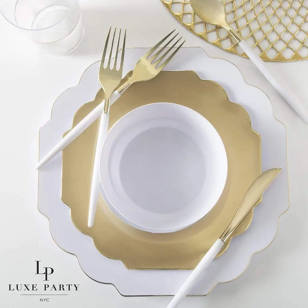 Scalloped Gold w/ White Plastic Dinner Plates