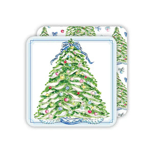 Christmas Tree w/ Ornaments & Blue Bow Square Coaster