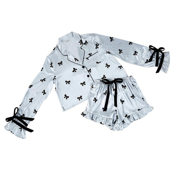 Cropped Pajama Set + Velvet Ties - Black Bows