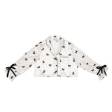 Cropped PJ Set + Velvet Ties - Ivory/Black Bows