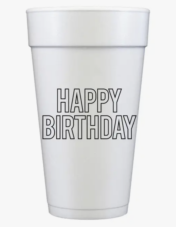 Happy Birthday Styrofoam Cups - Black Block Letters