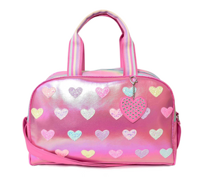 Metallic Heart Patched Pink Large Duffle Bag