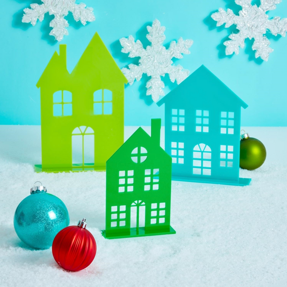 Acrylic Holiday Houses - Teal/Lime/Dark Green