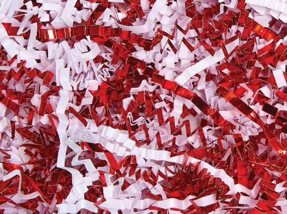 White & Metallic Red Crinkle Cut Paper Shreds - 8oz Bag