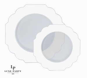 Scalloped White w/ Silver Clear Plastic Dinner Plates