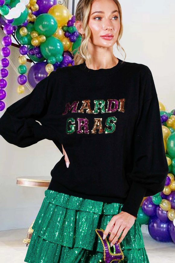 Mardi Gras Crew Neck Sequin Detail Sweater