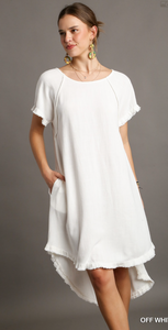 Linen Blend Round Pocket Dress - Off White