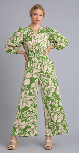 Two Tone Print Balloon Sleeve Jumpsuit - Green