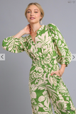 Two Tone Print Balloon Sleeve Jumpsuit - Green